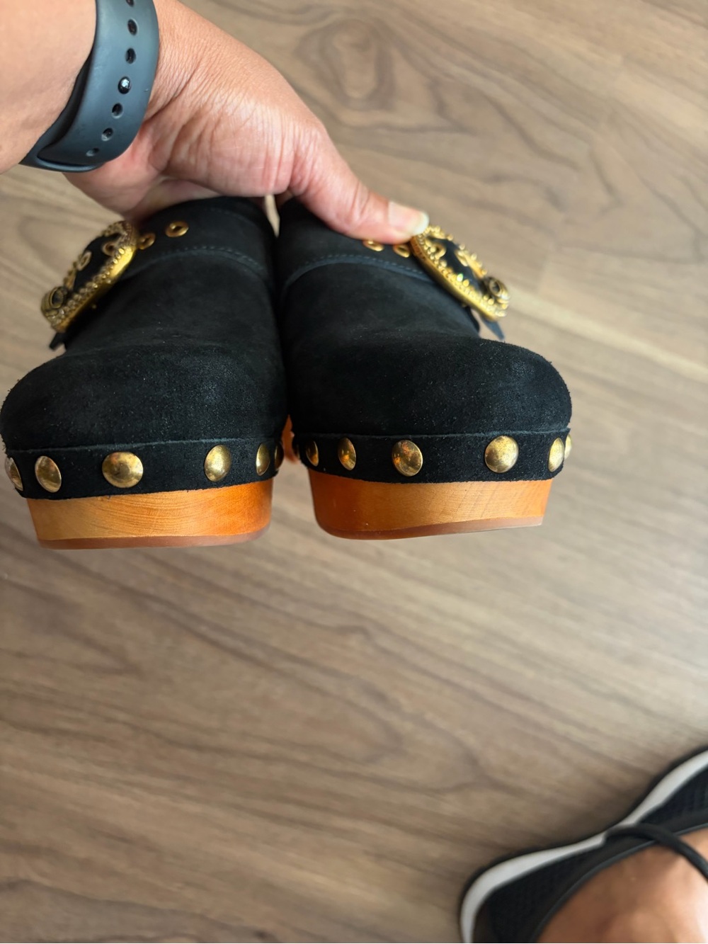 Kurt Geiger Black Suede Slide Mules with Ornate Gold Buckles - Picture 6 of 6